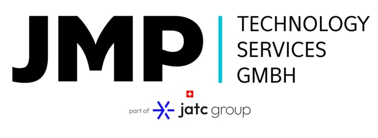 JMP Technology Services GmbH logo, part of jatc group, with black text and cyan accent line